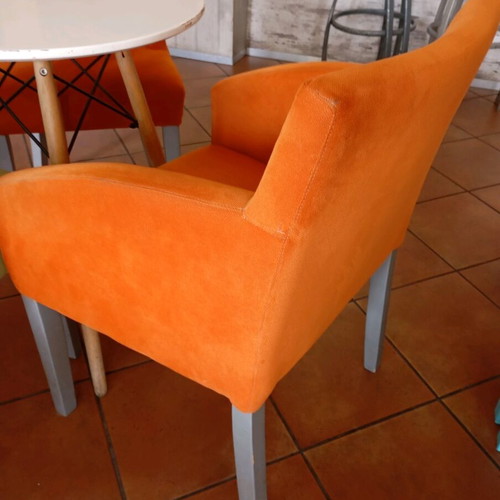 Fabric chairs used, 6 pcs, 2 small tables and 4 handmade painted wooden tables
