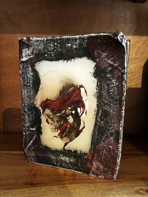 Wax book skull decoupage candle, handmade, 21cm x 16.5cm x 6cm