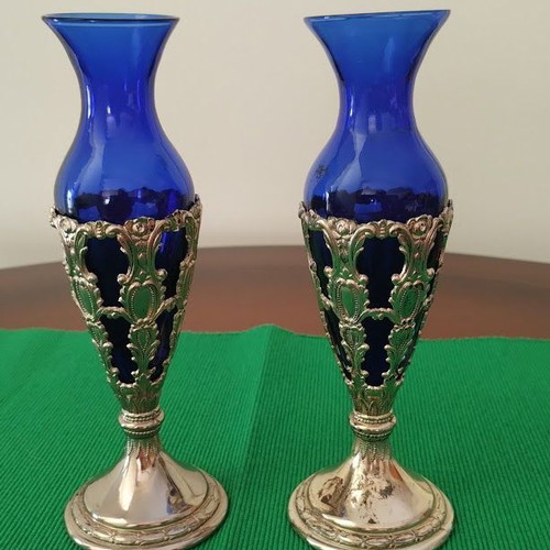 Pair of cobalt glass vases used with silver bases