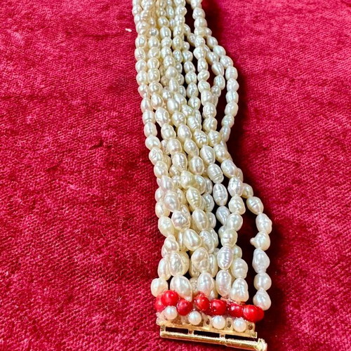 10-row bracelet with cultured pearls, 14K gold & coral