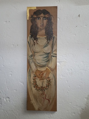 Народна живопис върху дървена дъска като нова, 29x100.5 см