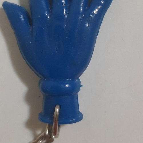 Vintage 80s flexible hand-shaped keychain, blue