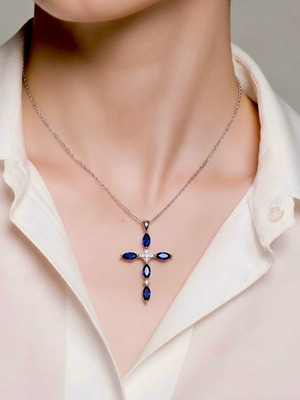 Cross pendant from platinum plated 925 silver with blue zircon crystals new