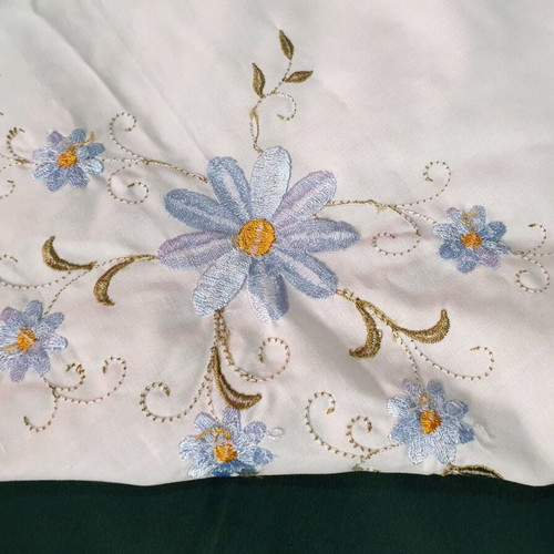Vintage white tablecloth with floral embroidery and lace trim, 117x115cm