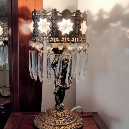 Vintage brass table lamp with cherub and hanging crystals