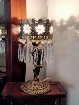 Vintage brass table lamp with cherub and hanging crystals