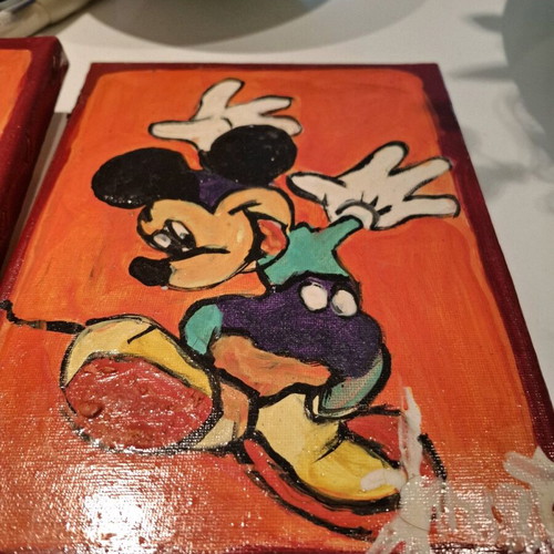 Mickey Mouse set of two handmade paintings with wooden frames and hanger