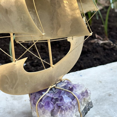 Vintage brass sailing ship on natural amethyst, 37×32 cm
