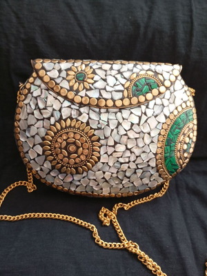 Handmade bronze clutch bag with natural shell and semi-precious stones, like new