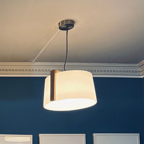Viokef Mondo pendant lamp used, natural white glass and wood