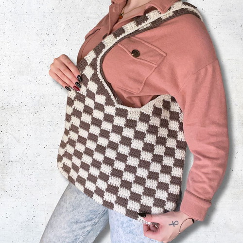 Handmade Checkered Bag | Brown & Beige | Tote bag | Shopper bag | Shoulder bag