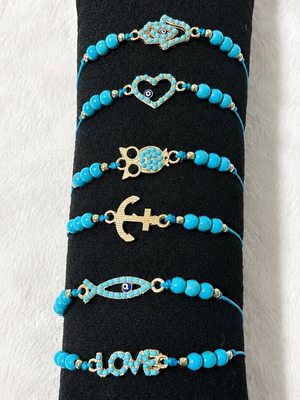 Boho Style Handmade Bracelets Set of 6 with Turquoise and Evil Eye