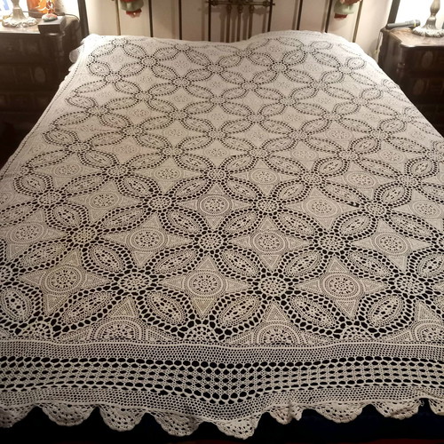 Knitted handmade blanket used, white thin decorative