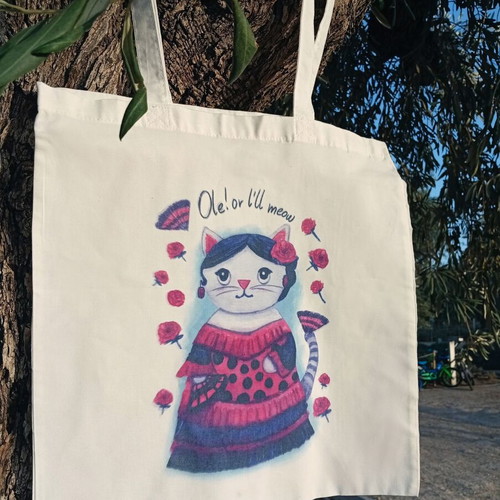 Spanish cat tote bag, polyester, shoulder strap