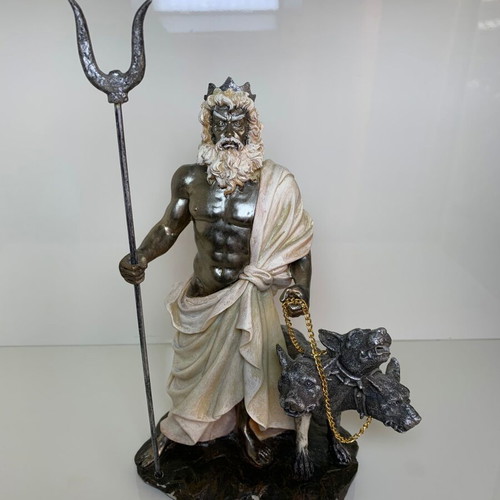 Hades figurine with Cerberus used, synthetic porcelain