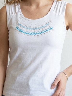 White sleeveless top used with embroidery and rhinestones size M