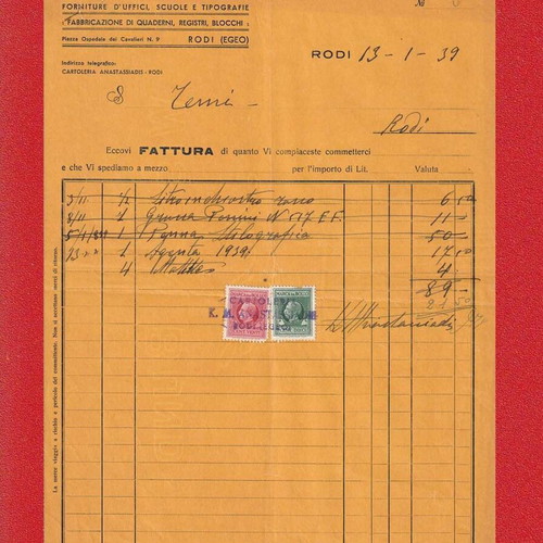 Historical Invoice Fattura 13 January 1939 used, K. M. Anastasiadis