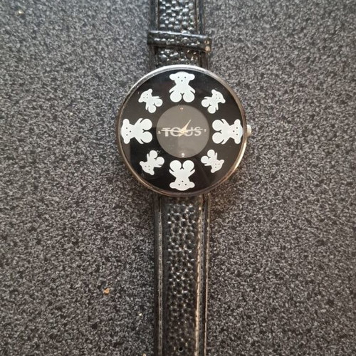 Tous women's watch used, stainless steel, black leather strap
