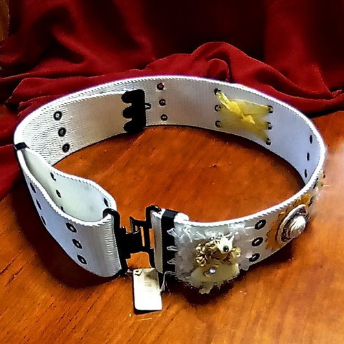 Wide adjustable white women's belt 105cm with handmade vintage decoration