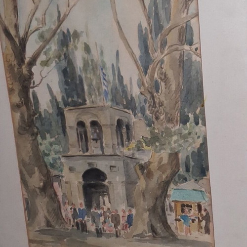 Evangelos Klonaridis Signed Watercolor Greek Festival Monastery Scene