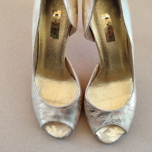 Peep-toe heels used, gold leather size 37