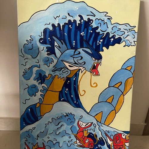 Handmade painting Pokemon Gyarados Japanese Wave on 60x40 canvas like new