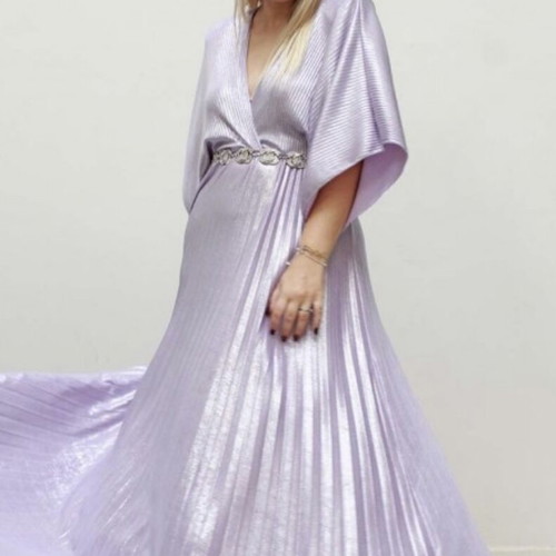 Purple Lilac Pleated Long Dress M/L metallic new