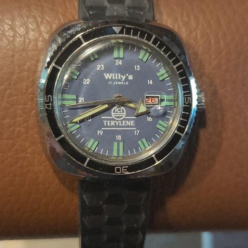 Vintage Willy’s Terylene ICI Diver watch, blue dial, 17 jewels