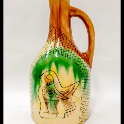 Ceramic Jug handpainted with Bird Brown Green 23 cm like new