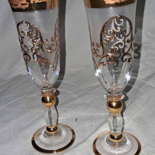Vintage Bohemia Crystal Champagne Glasses Praha pair, like new
