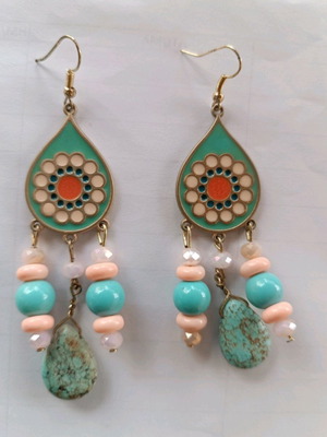 Handmade long earrings with semi-precious stones and metal element multicolored, new