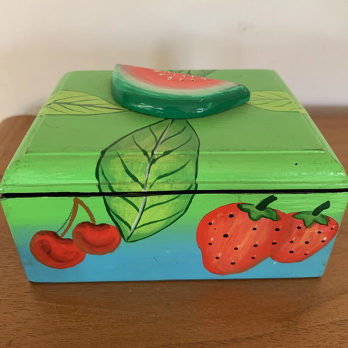 Handmade wooden jewelry box with summer fruit painting, new