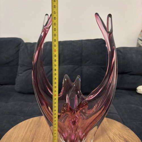 Josef Hospodka for Chřibská Pink Art Glass Basket Vase 1960s like new
