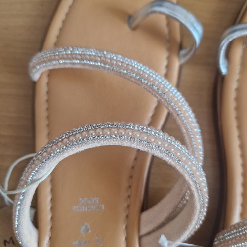 Silver leather sandals new with pearls and strass