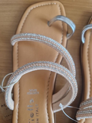 Silver leather sandals new with pearls and strass