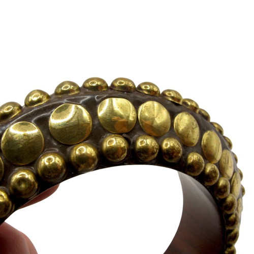 Vintage wooden bracelet with brass metal caps boho style like new