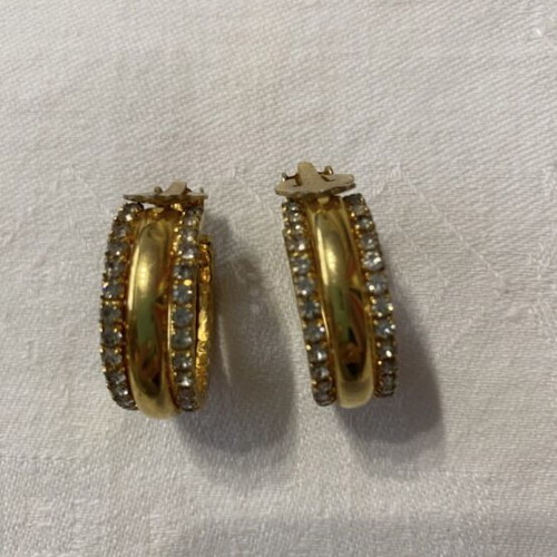 Vintage women's hoop earrings like new, gold tone with double row of zircons