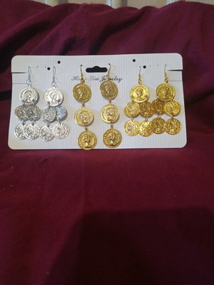 Handmade earrings with folklore motifs new, set of 3, A.L.E., gold and silver