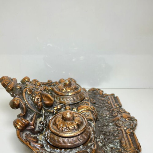 Victorian Baroque style double inkwell, brass with copper plating