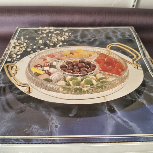 Vintage serving set with crystal platter and gold tray
