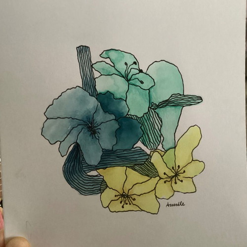 Abstract hand-painted flowers new, watercolor and colored pencils