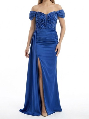 Evening dress satin electric blue with slit and open shoulders like new
