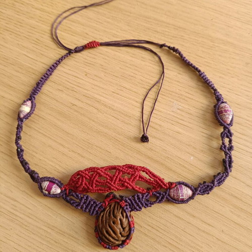 Macrame necklace used made of recycling materials