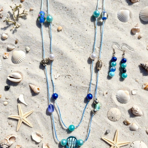 Multi Strand Beaded Necklace and Earrings Handmade Shades of Blue
