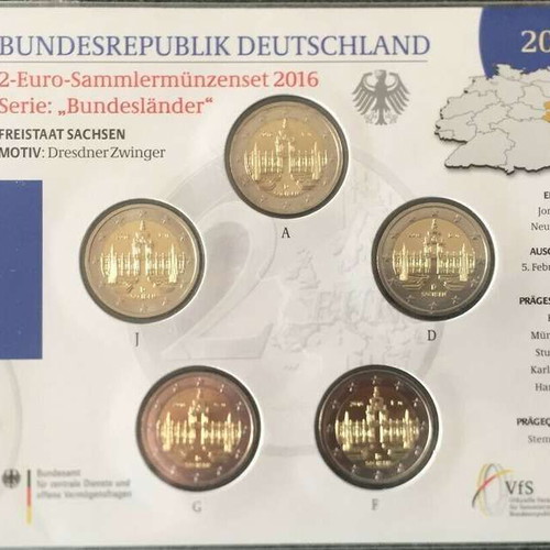 SAC Germany 2 Euro 2016 A-D-F-G-J new, Saxony (blister)