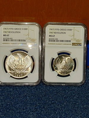 Pair of silver commemorative 100 and 50 drachma coins 1970 NGC MS 67 like new