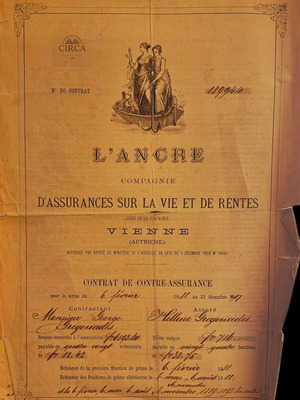 Life insurance document 1888 used, L’Ancre Vienna with Banque de Metelin 1912 stamp