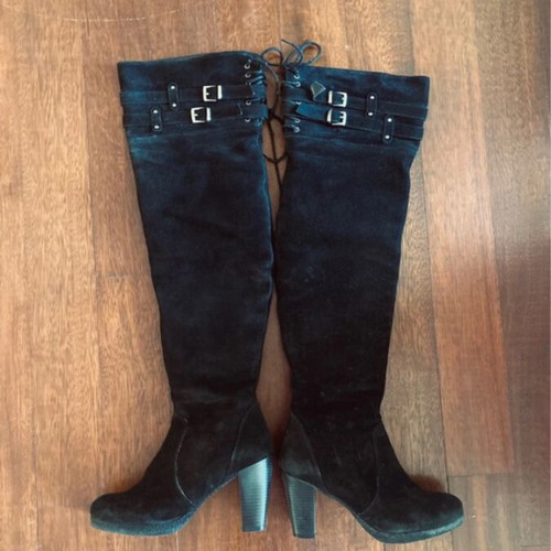 Suede over-the-knee boots size 37 used, warm leopard lining
