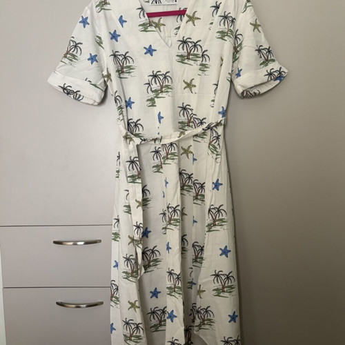 Zara summer tropical dress white with palm trees and starfish like new