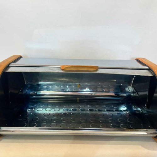 Brabantia bread box used, stainless steel with wooden details 19x47x27